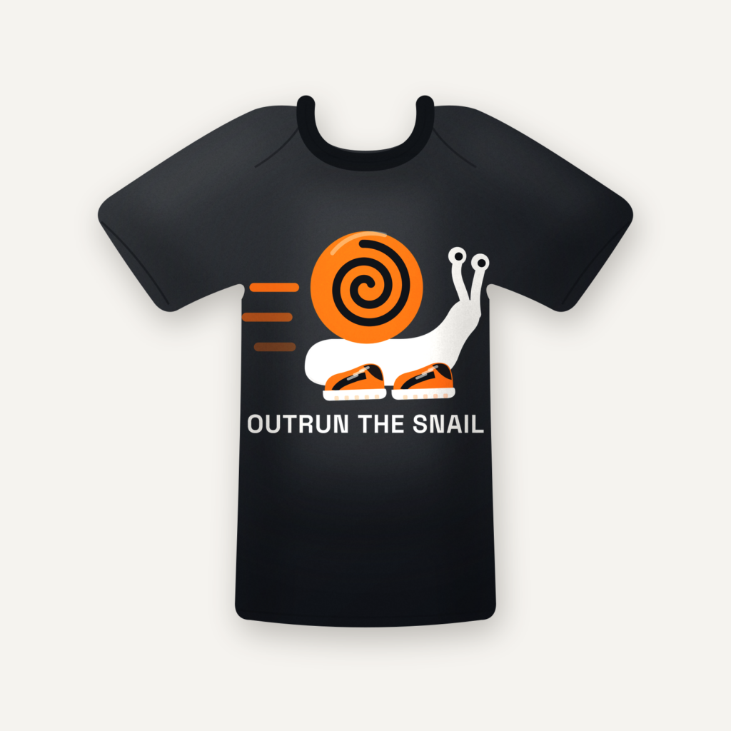 Outrun the Snail tee in black with the full-colour Unsnail mascot print, flat lay