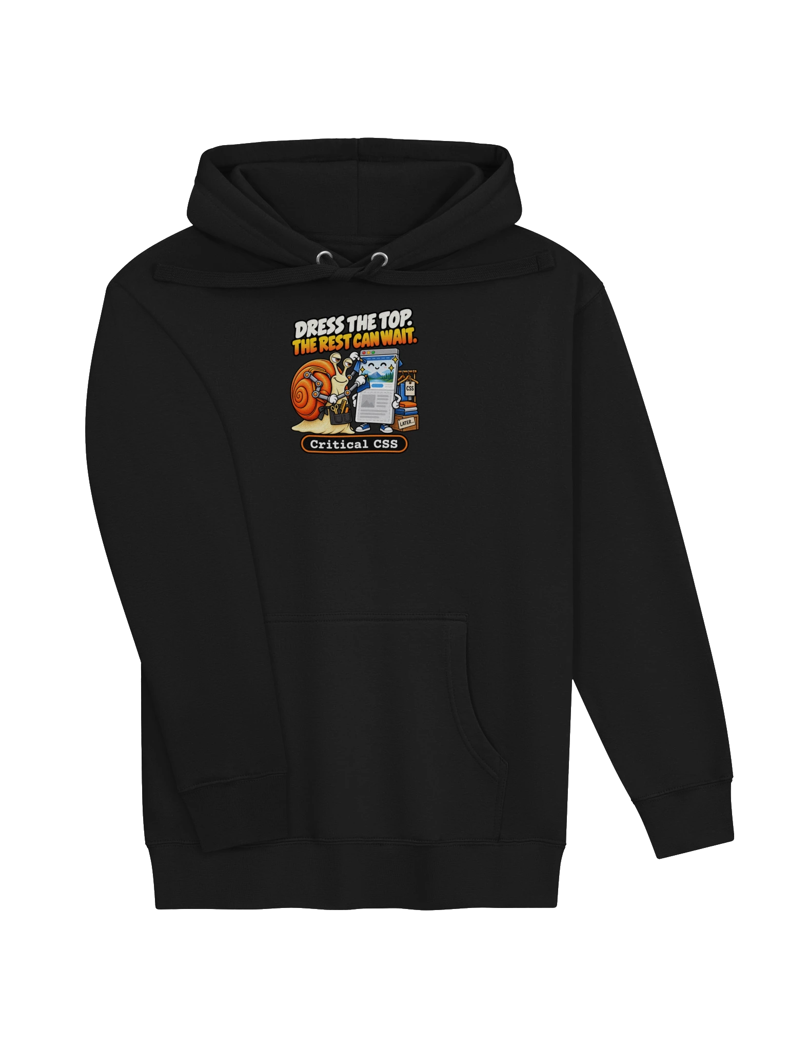 UNSNAIL // Critical CSS Hoodie — black hoodie, detail view