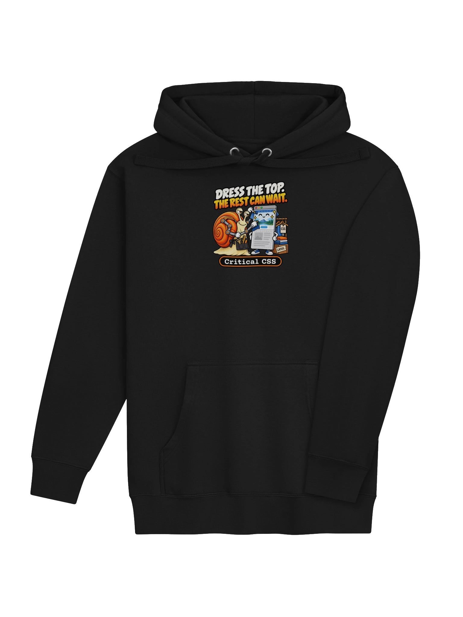 UNSNAIL // Critical CSS Hoodie — black hoodie, angle view