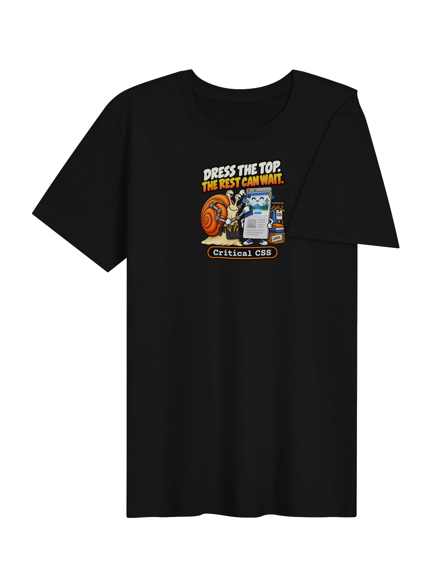 UNSNAIL // Critical CSS T-Shirt — black t-shirt, angled view