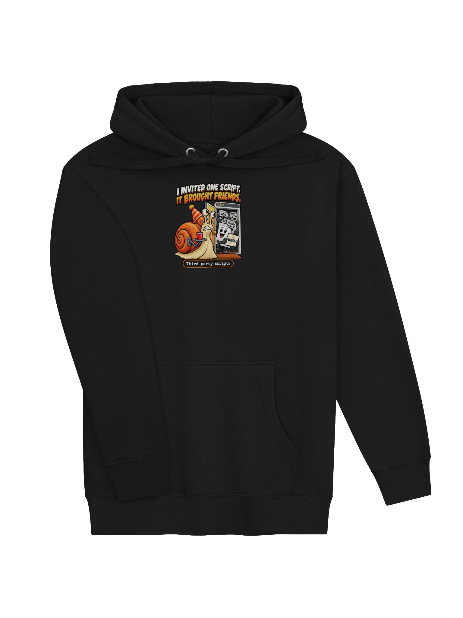 UNSNAIL // I Invited One Script Hoodie — black hoodie, detail view