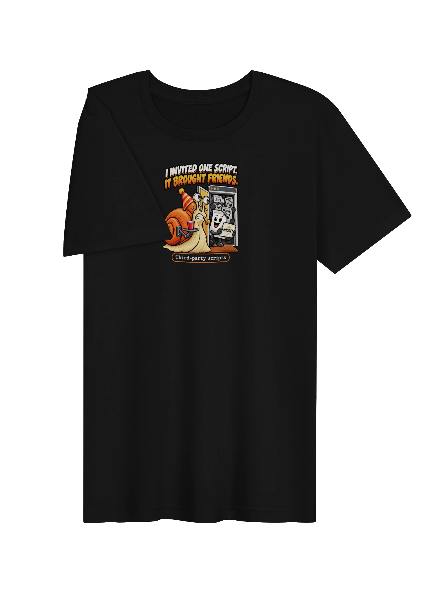 UNSNAIL // I Invited One Script T-Shirt — black t-shirt, flat front view