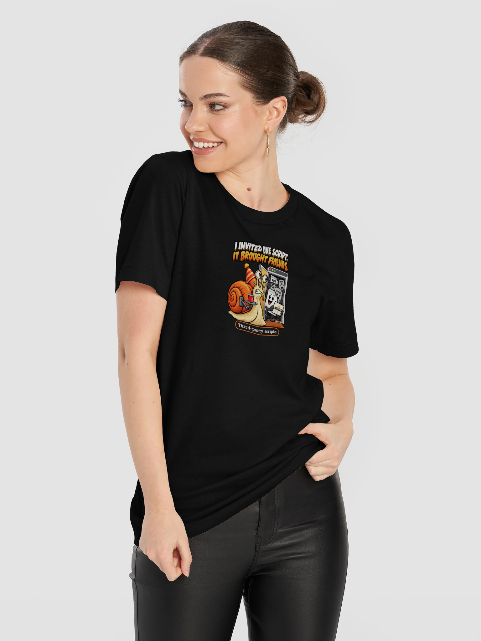 UNSNAIL // I Invited One Script T-Shirt — black t-shirt, worn view