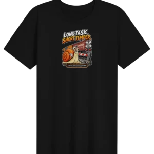 UNSNAIL // Long Task, Short Temper T-Shirt — black t-shirt, front view