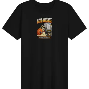 UNSNAIL // Same Content, Less Baggage T-Shirt — black t-shirt, front view
