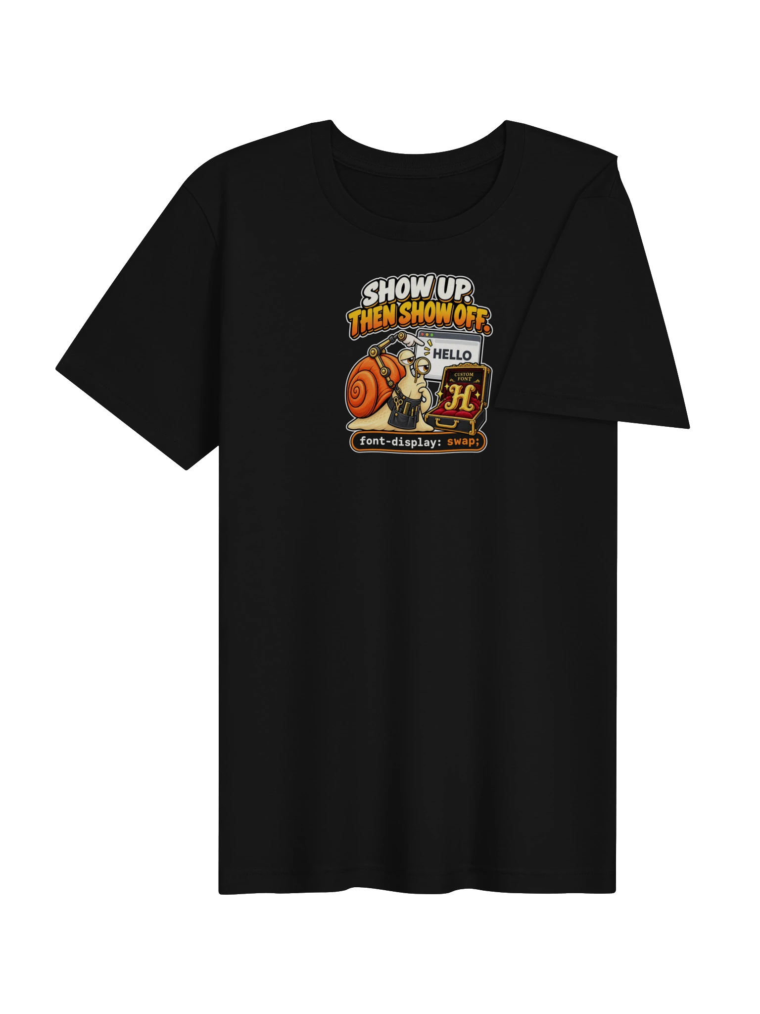 UNSNAIL // Show Up, Then Show Off T-Shirt — black t-shirt, angled view