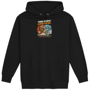 UNSNAIL // Think Global, Load Local Hoodie — black hoodie, front view