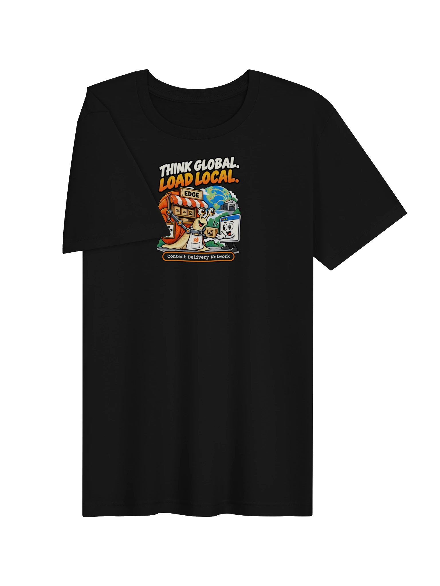 UNSNAIL // Think Global, Load Local T-Shirt — black t-shirt, flat front view