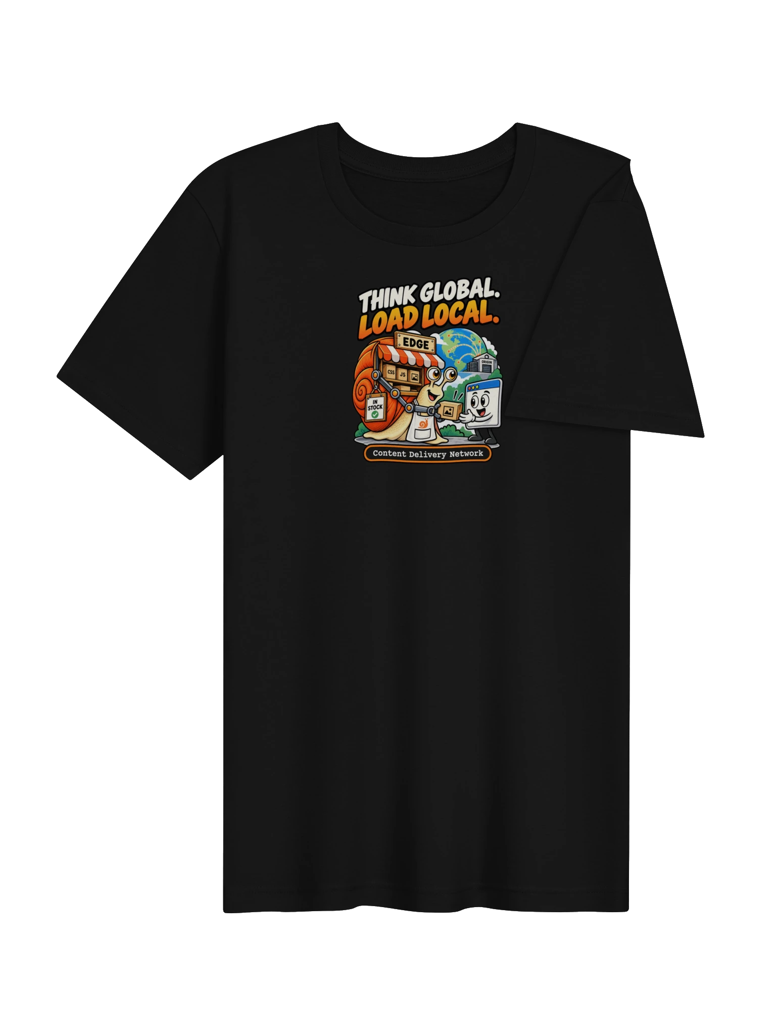 UNSNAIL // Think Global, Load Local T-Shirt — black t-shirt, angled view
