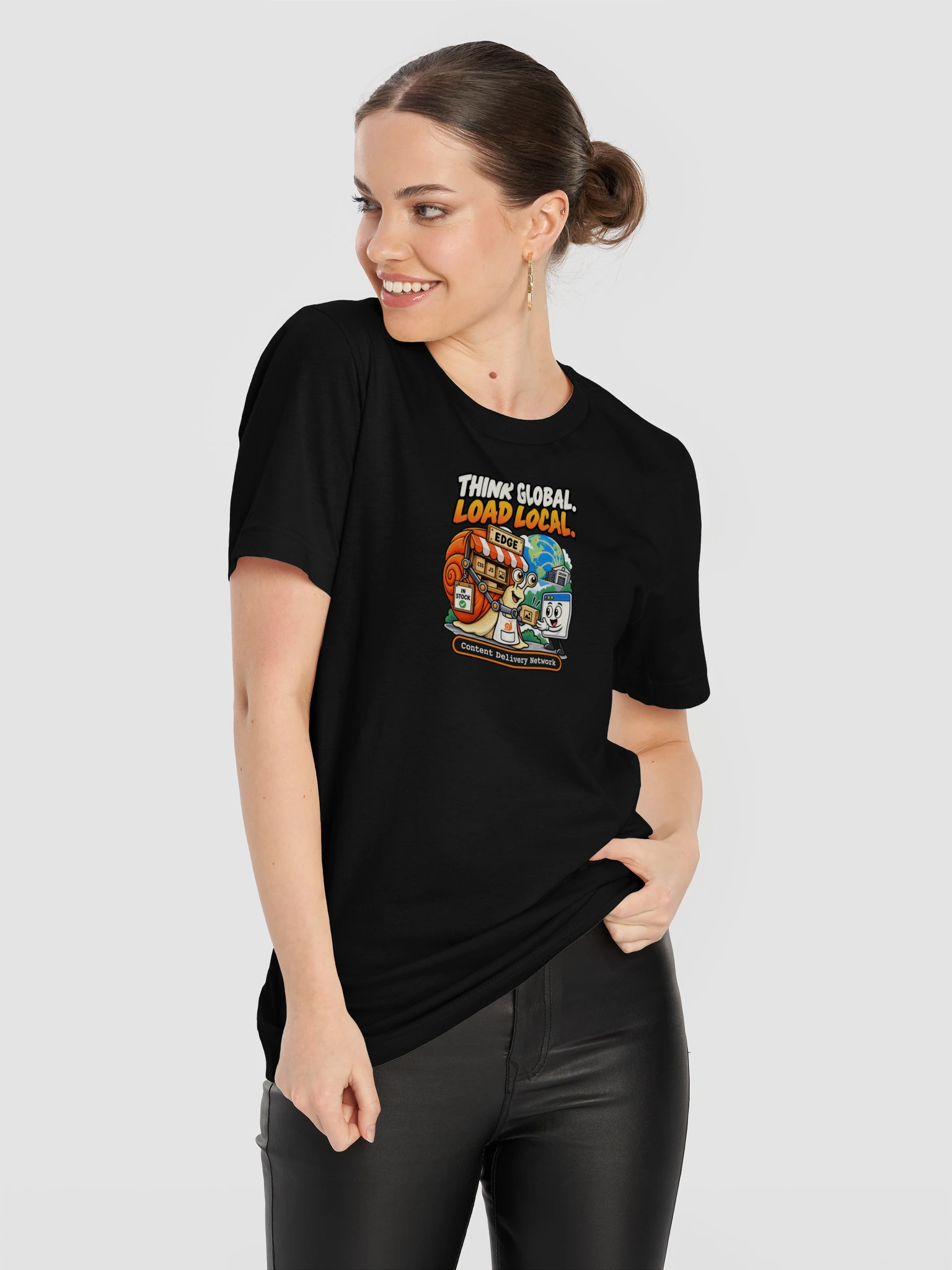 UNSNAIL // Think Global, Load Local T-Shirt — black t-shirt, worn view