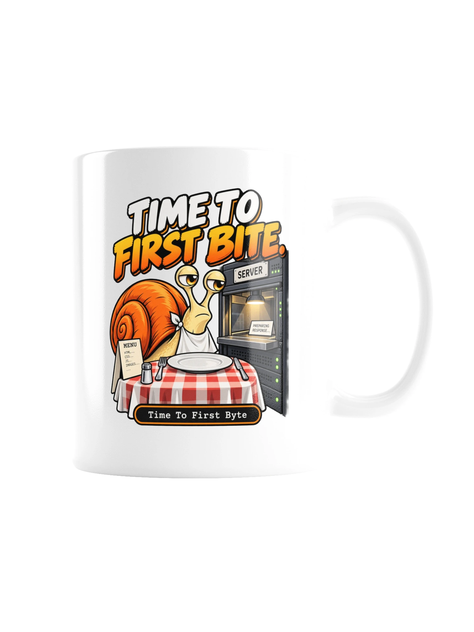 UNSNAIL // Time to First Bite Mug — white ceramic mug, reverse view